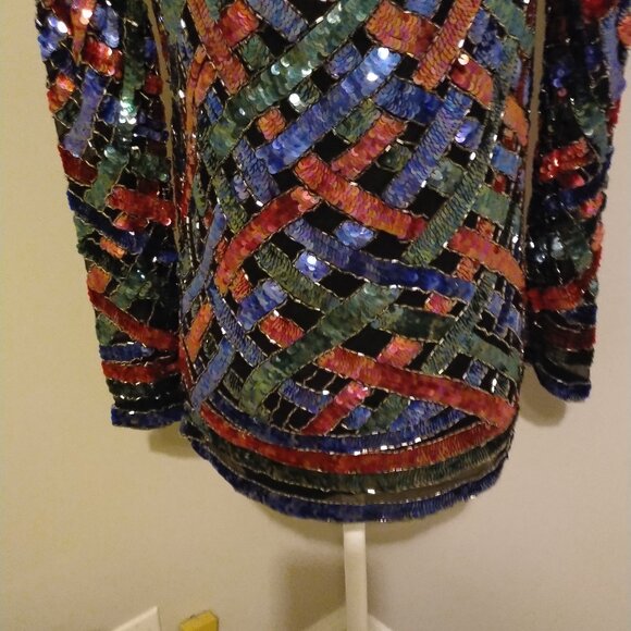 Lord & Taylor Vintage Sequin Top Blue, Red, Green, Silver, on Black silk, M - Picture 4 of 7